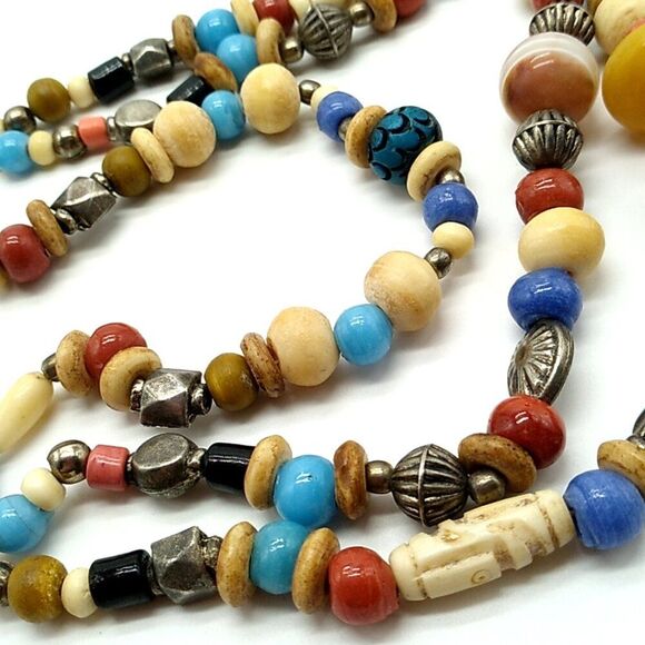 Statement Necklace 3 Strand  Nickle-free Metal, Resin, Glass and Wood beads 18" - Picture 8 of 9